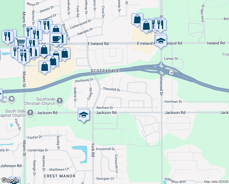 map of restaurants, bars, coffee shops, grocery stores, and more near 4847 Huntley Court in South Bend
