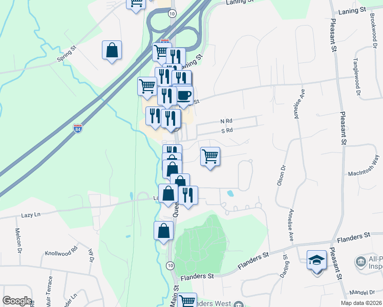 map of restaurants, bars, coffee shops, grocery stores, and more near 285 Queen Street in Southington