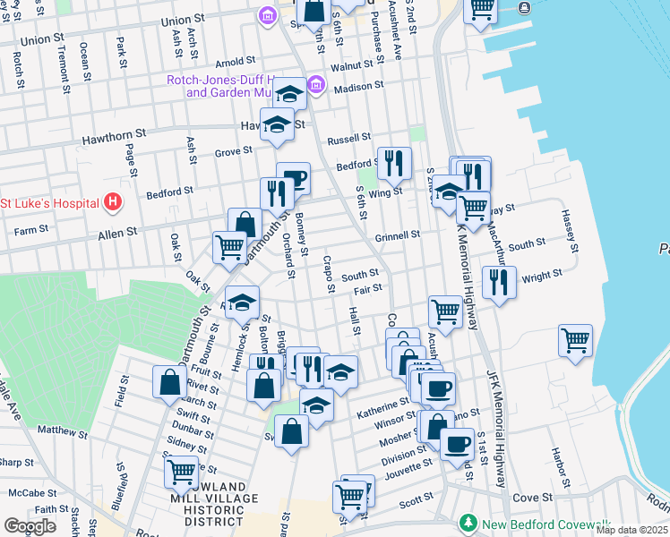 map of restaurants, bars, coffee shops, grocery stores, and more near 164 Grinnell Street in New Bedford