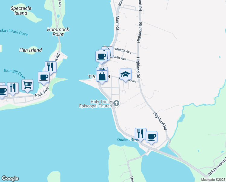 map of restaurants, bars, coffee shops, grocery stores, and more near 54 Narragansett Avenue in Tiverton