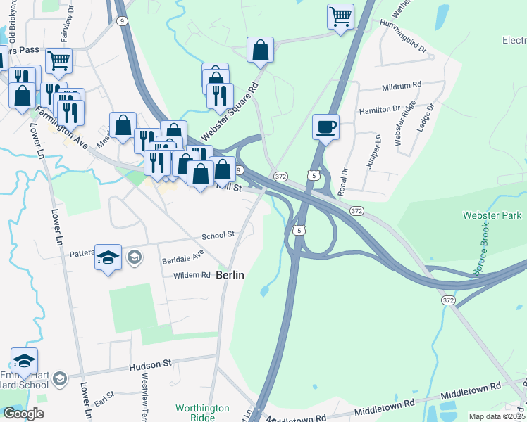 map of restaurants, bars, coffee shops, grocery stores, and more near 666 Worthington Ridge in Berlin