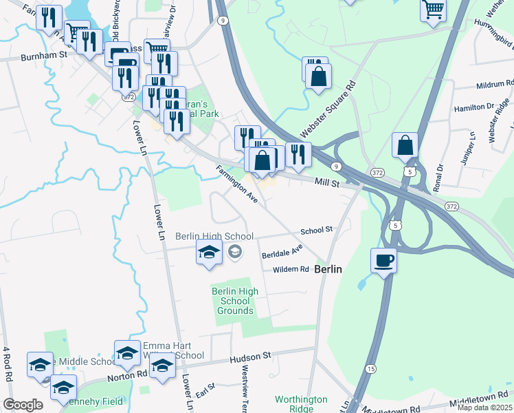 map of restaurants, bars, coffee shops, grocery stores, and more near 1401 Farmington Avenue in Berlin