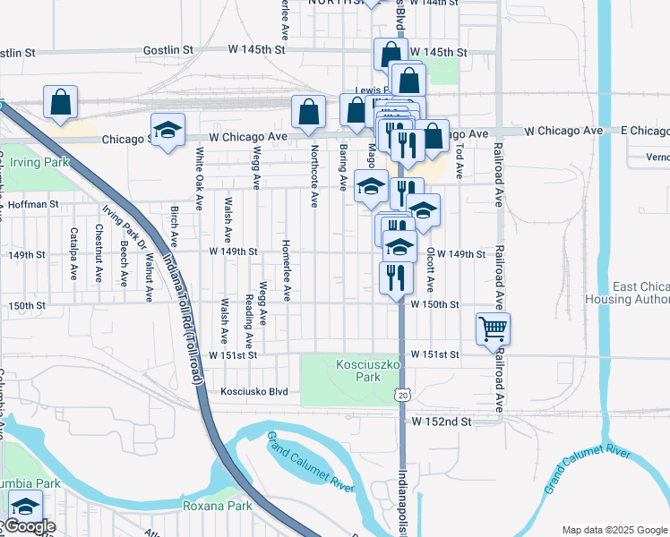 map of restaurants, bars, coffee shops, grocery stores, and more near 4861 Northcote Avenue in East Chicago