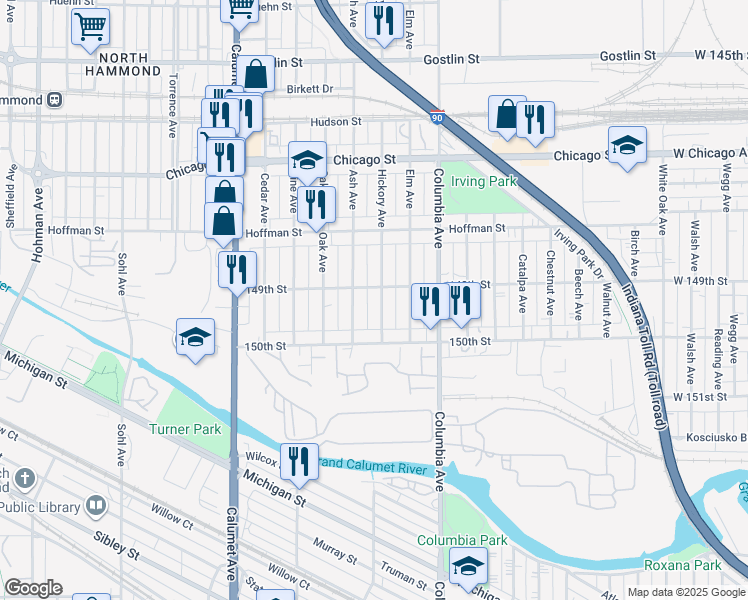 map of restaurants, bars, coffee shops, grocery stores, and more near 4849 Hickory Avenue in Hammond