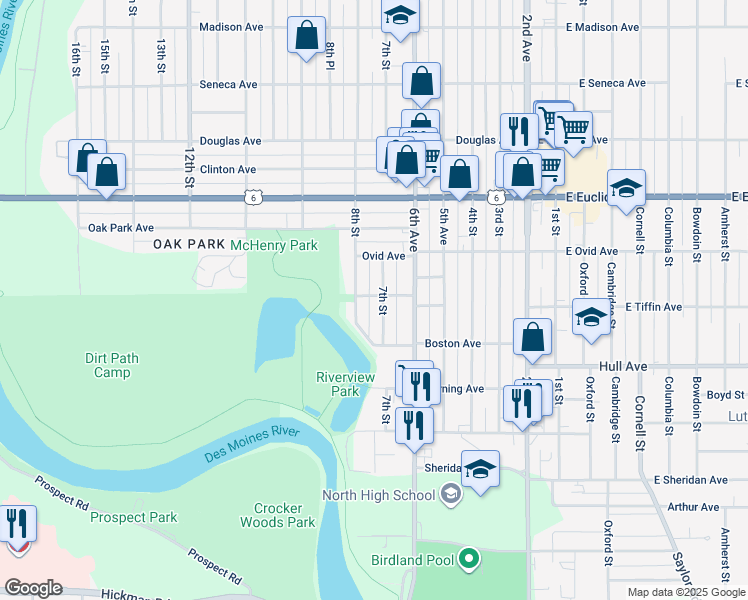 map of restaurants, bars, coffee shops, grocery stores, and more near 3211 8th Street in Des Moines