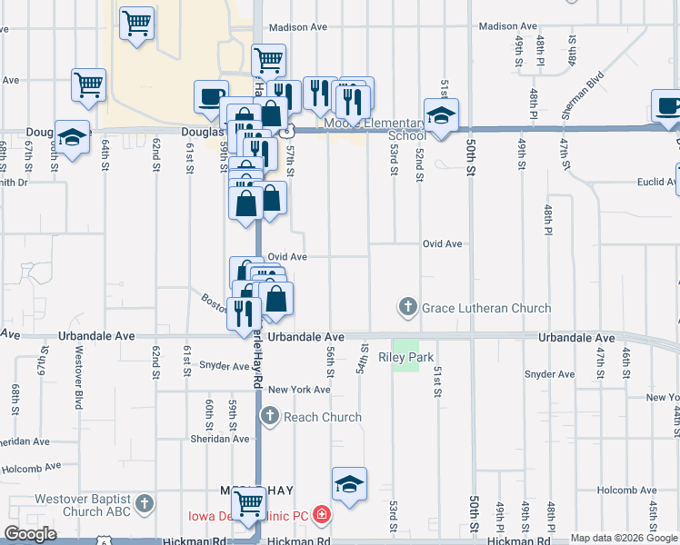 map of restaurants, bars, coffee shops, grocery stores, and more near 3300 56th Street in Des Moines