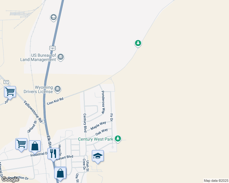 map of restaurants, bars, coffee shops, grocery stores, and more near 1302 Redwood Way in Rock Springs