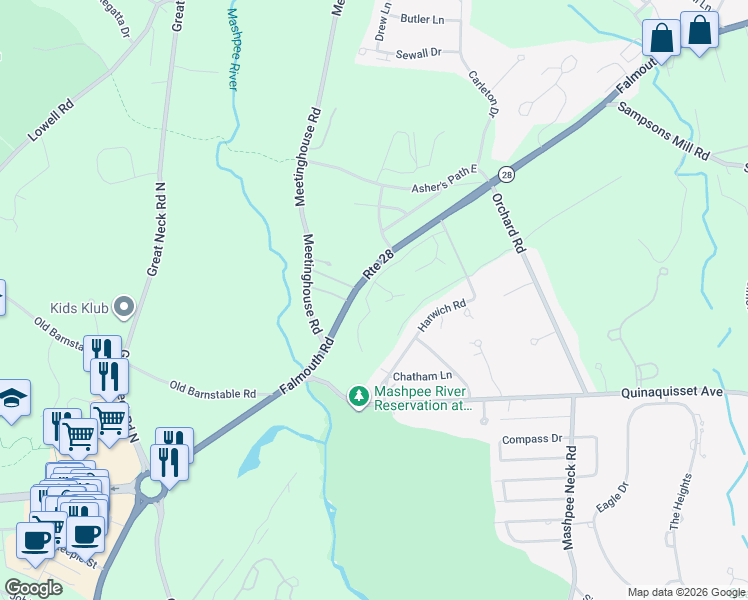 map of restaurants, bars, coffee shops, grocery stores, and more near 44 Falmouth Heights rd in Mashpee