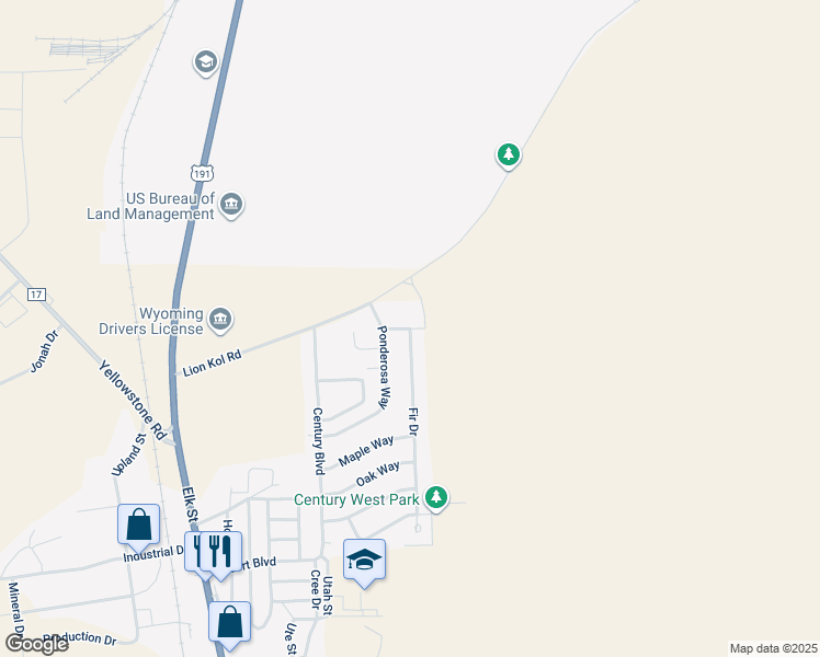 map of restaurants, bars, coffee shops, grocery stores, and more near 1039 Redwood Way in Rock Springs