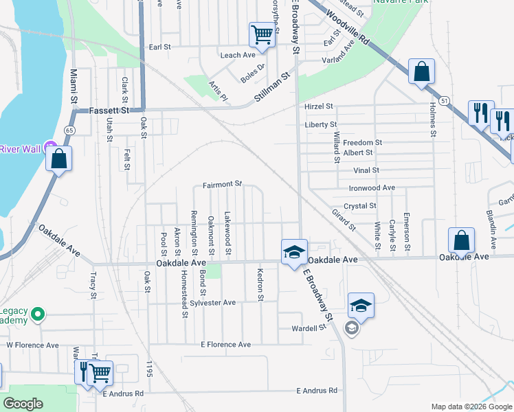 map of restaurants, bars, coffee shops, grocery stores, and more near 1413 Lebanon Street in Toledo