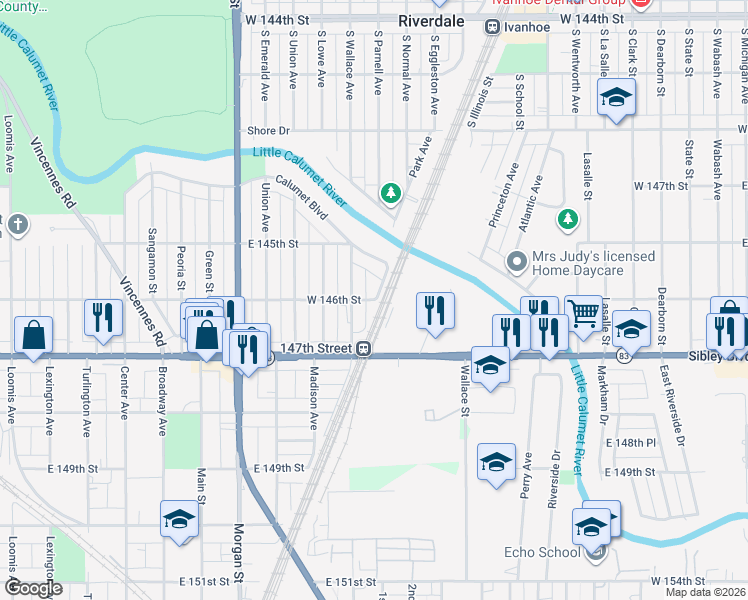 map of restaurants, bars, coffee shops, grocery stores, and more near 766 East 146th Street in Harvey