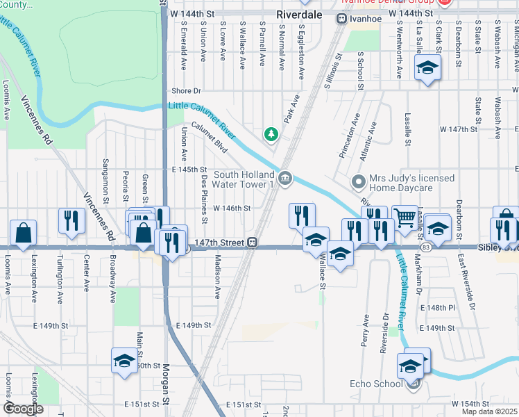 map of restaurants, bars, coffee shops, grocery stores, and more near 766 East 146th Street in Harvey