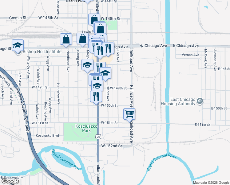 map of restaurants, bars, coffee shops, grocery stores, and more near 4866 Tod Avenue in East Chicago