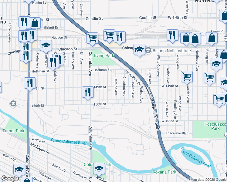 map of restaurants, bars, coffee shops, grocery stores, and more near 4849-4899 Catalpa Ave in Hammond