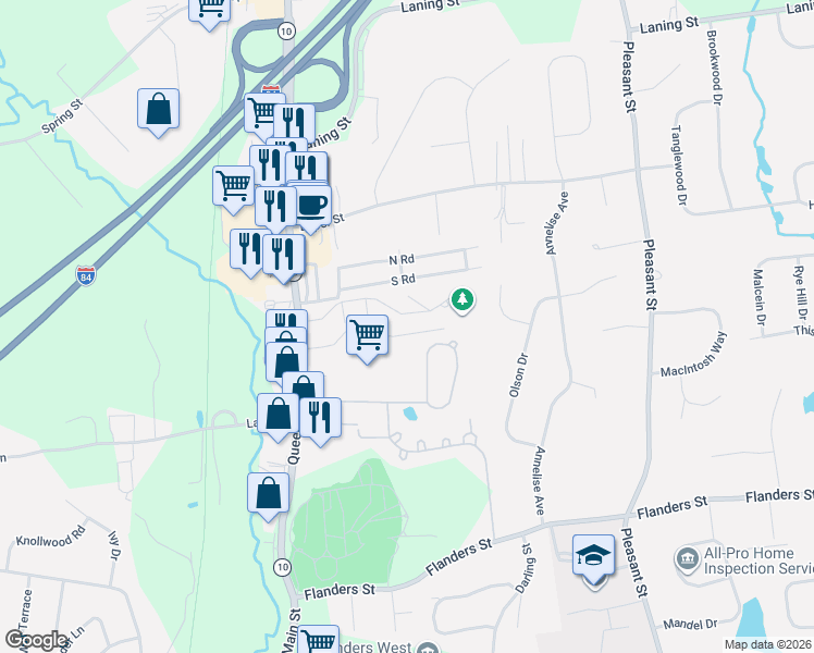 map of restaurants, bars, coffee shops, grocery stores, and more near 53 North Road in Southington