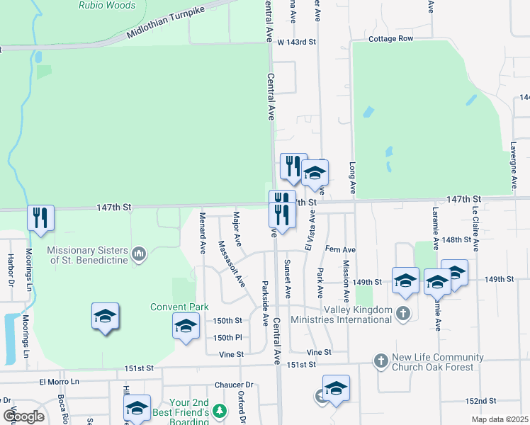 map of restaurants, bars, coffee shops, grocery stores, and more near 14700 Central Avenue in Oak Forest