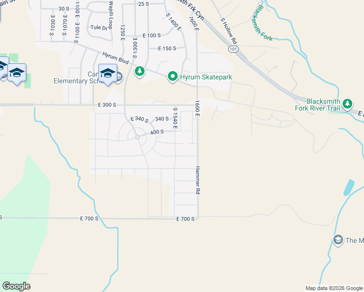 map of restaurants, bars, coffee shops, grocery stores, and more near 300 South 1520 East in Hyrum