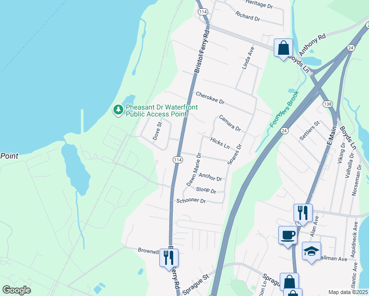 map of restaurants, bars, coffee shops, grocery stores, and more near 360 Bristol Ferry Road in Portsmouth