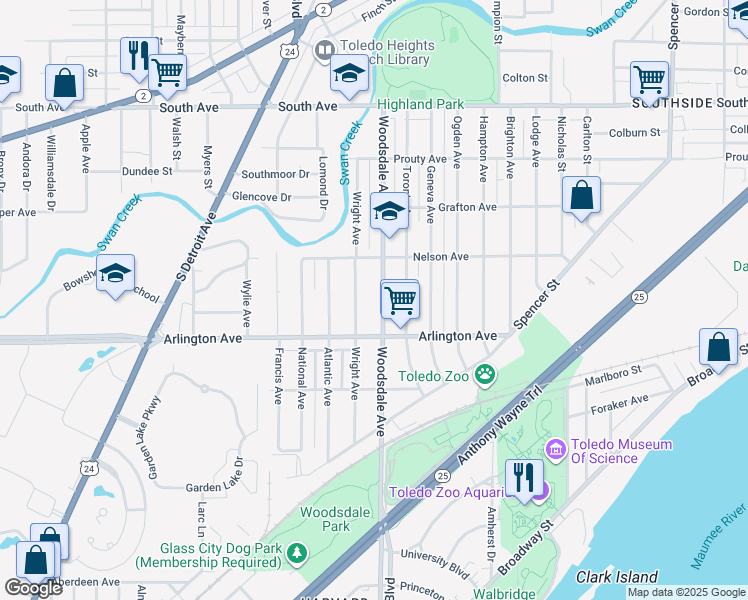 map of restaurants, bars, coffee shops, grocery stores, and more near 832 Woodsdale Avenue in Toledo