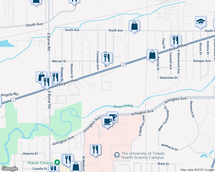 map of restaurants, bars, coffee shops, grocery stores, and more near 905 Byrneport Drive in Toledo