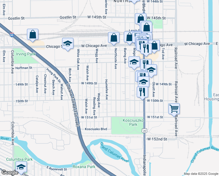 map of restaurants, bars, coffee shops, grocery stores, and more near 4859 Homerlee Avenue in East Chicago