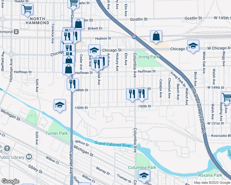 map of restaurants, bars, coffee shops, grocery stores, and more near 4849 Hickory Avenue in Hammond