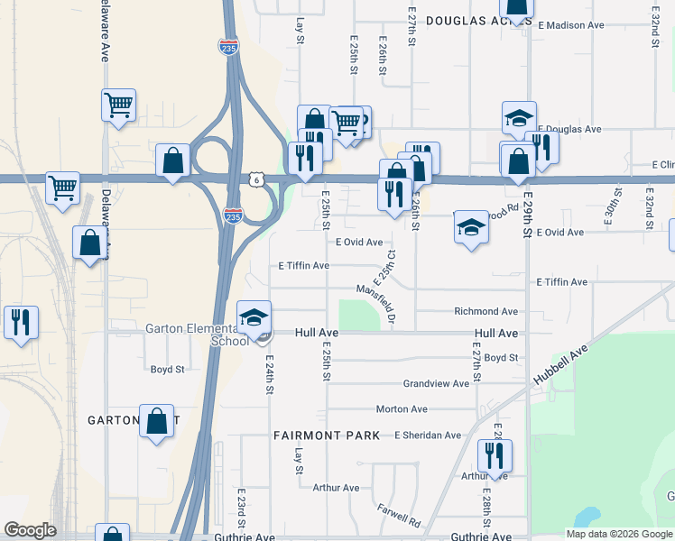 map of restaurants, bars, coffee shops, grocery stores, and more near 2514 East Tiffin Avenue in Des Moines