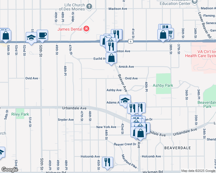 map of restaurants, bars, coffee shops, grocery stores, and more near 4402 Ovid Avenue in Des Moines