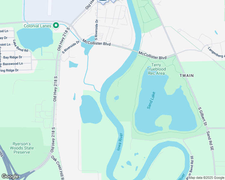 map of restaurants, bars, coffee shops, grocery stores, and more near Iowa River rc Trail in Iowa City