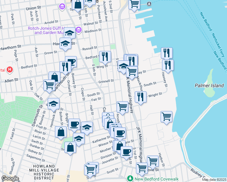 map of restaurants, bars, coffee shops, grocery stores, and more near 111 Acushnet Avenue in New Bedford