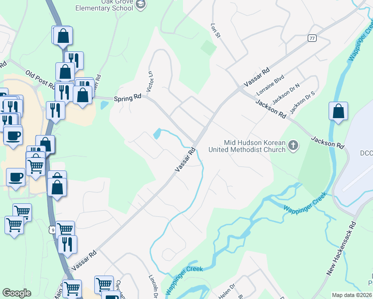 map of restaurants, bars, coffee shops, grocery stores, and more near 74 Spring Road in Poughkeepsie
