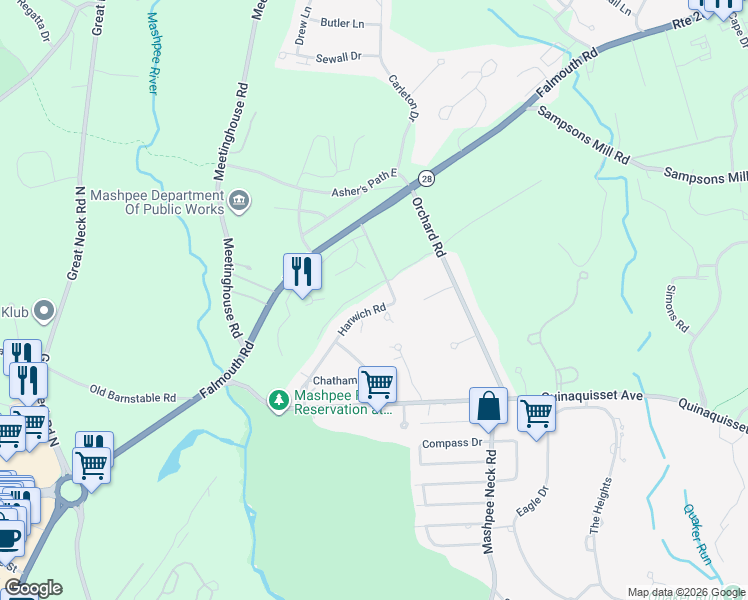map of restaurants, bars, coffee shops, grocery stores, and more near 65 Harwich Road in Mashpee