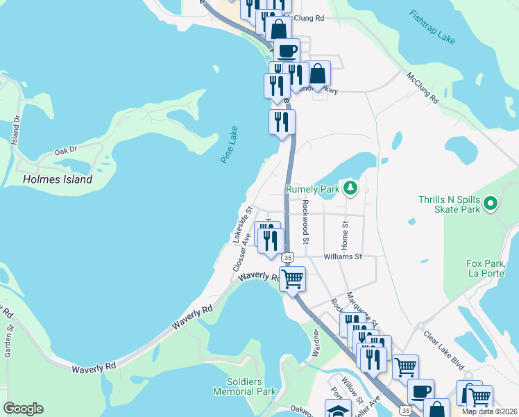 map of restaurants, bars, coffee shops, grocery stores, and more near 207 I Street in La Porte