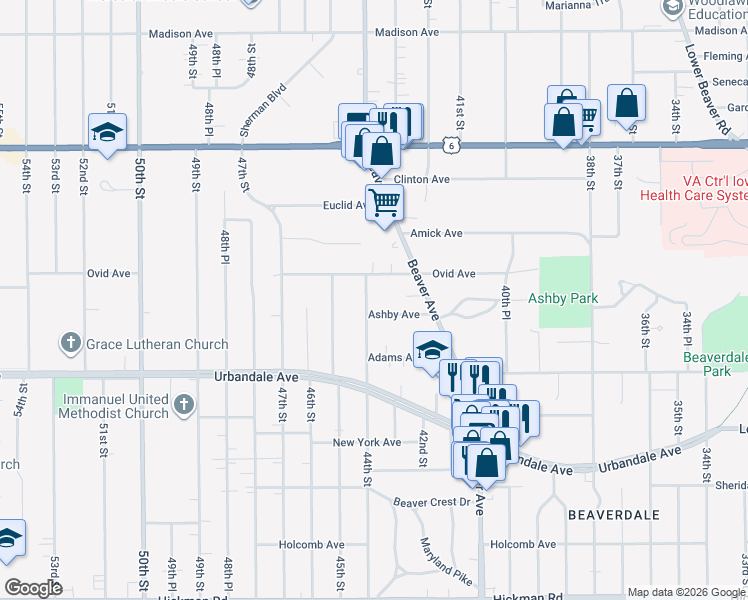 map of restaurants, bars, coffee shops, grocery stores, and more near 4402 Ovid Avenue in Des Moines