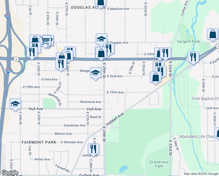 map of restaurants, bars, coffee shops, grocery stores, and more near 3305 East 29th Street in Des Moines