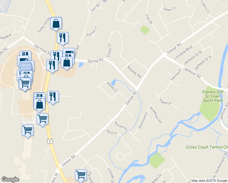 map of restaurants, bars, coffee shops, grocery stores, and more near 9 Wendy Drive in Poughkeepsie