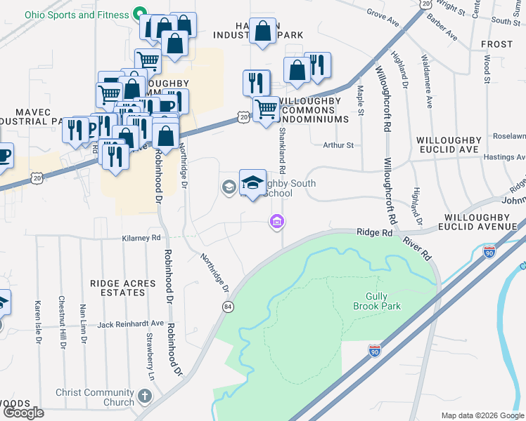 map of restaurants, bars, coffee shops, grocery stores, and more near 4924-5098 Shankland Rd in Willoughby