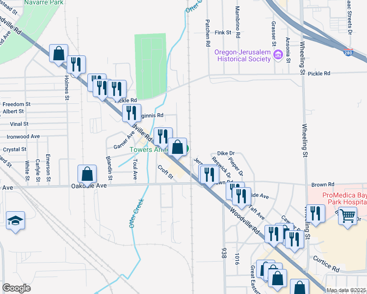 map of restaurants, bars, coffee shops, grocery stores, and more near 1402 Towers Road in Oregon