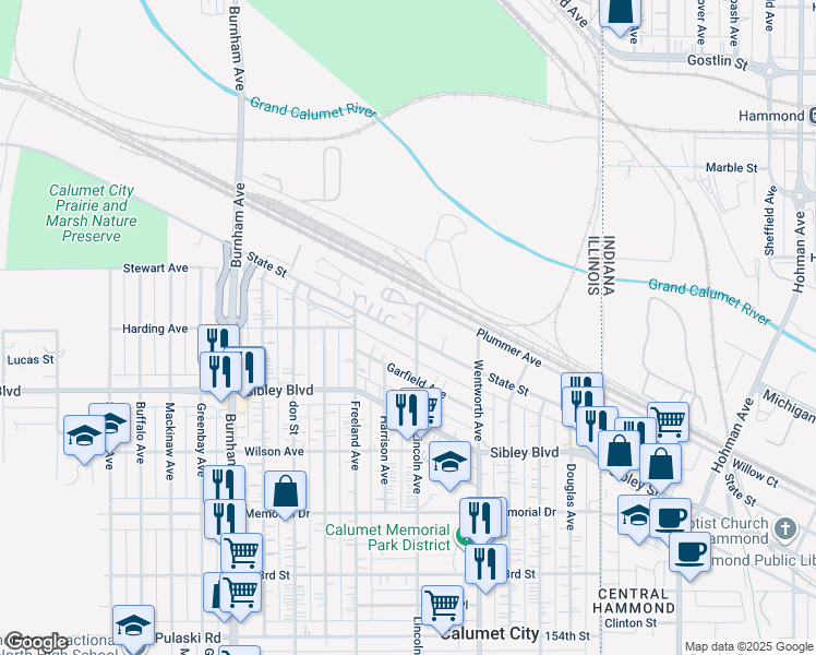 map of restaurants, bars, coffee shops, grocery stores, and more near 14 Lincoln Avenue in Calumet City
