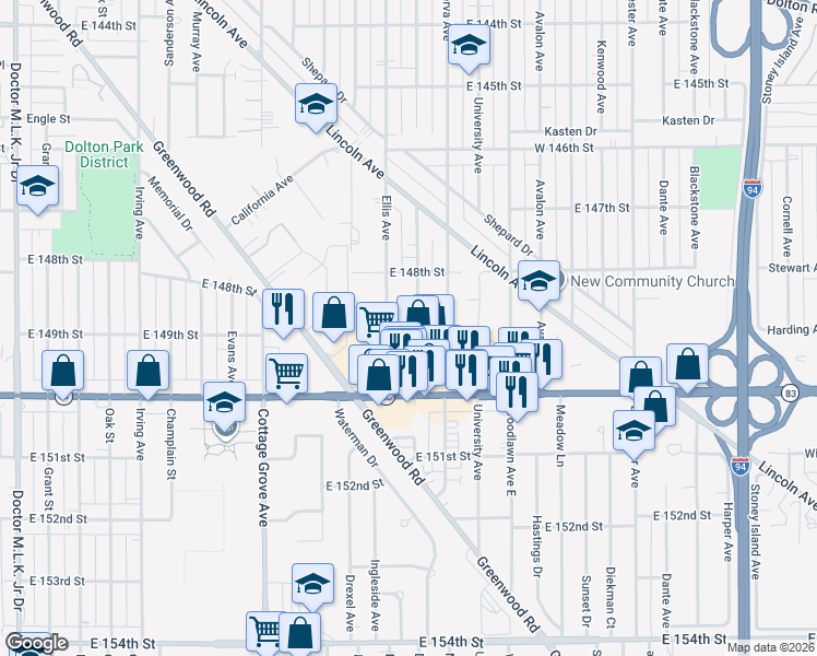 map of restaurants, bars, coffee shops, grocery stores, and more near 14833 Ellis Avenue in Dolton
