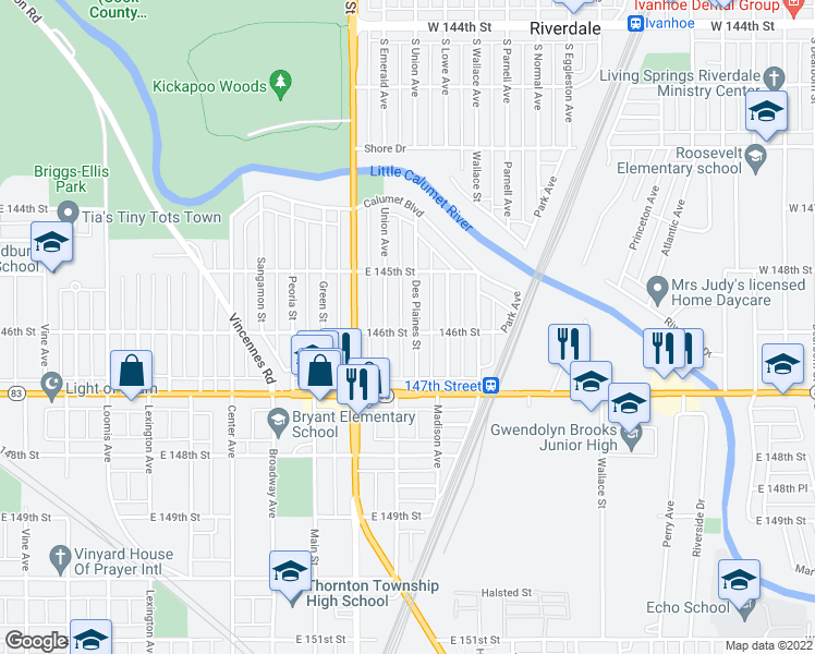 map of restaurants, bars, coffee shops, grocery stores, and more near 14534 Des Plaines Street in Harvey