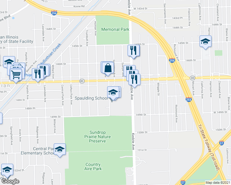 map of restaurants, bars, coffee shops, grocery stores, and more near 3259 147th Place in Midlothian