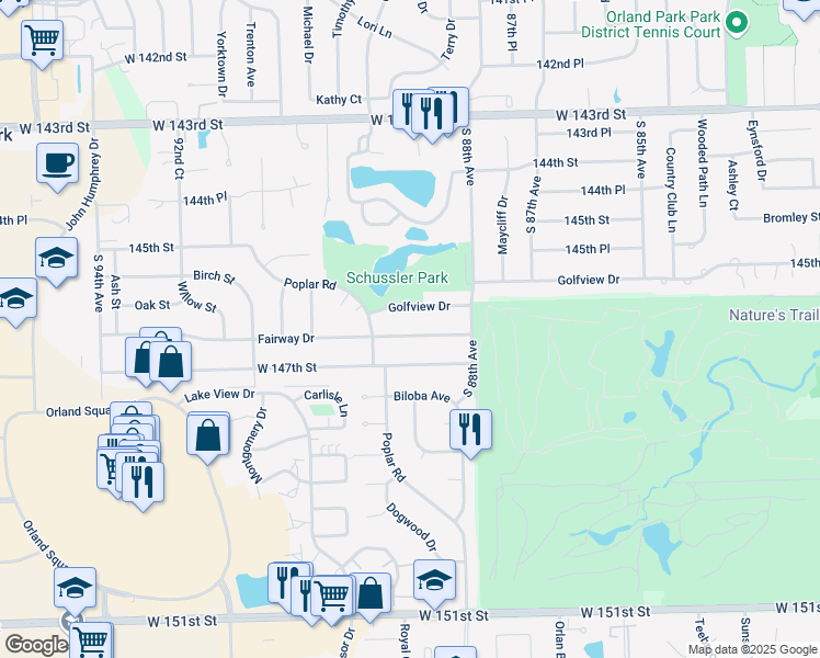 map of restaurants, bars, coffee shops, grocery stores, and more near 8902 Fairway Drive in Orland Park