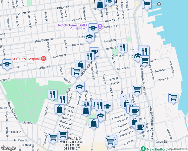 map of restaurants, bars, coffee shops, grocery stores, and more near 180 Grinnell Street in New Bedford