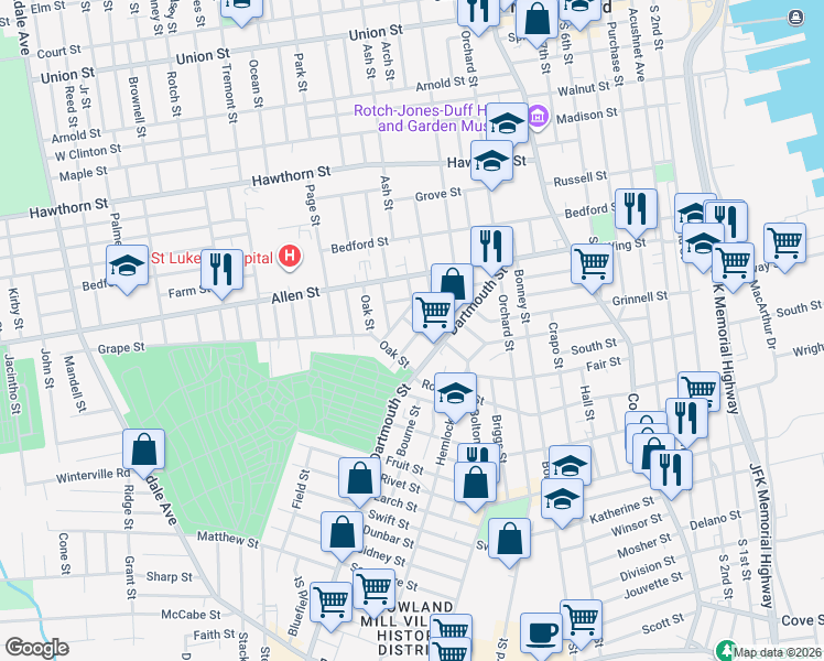 map of restaurants, bars, coffee shops, grocery stores, and more near 12 Ward Street in New Bedford