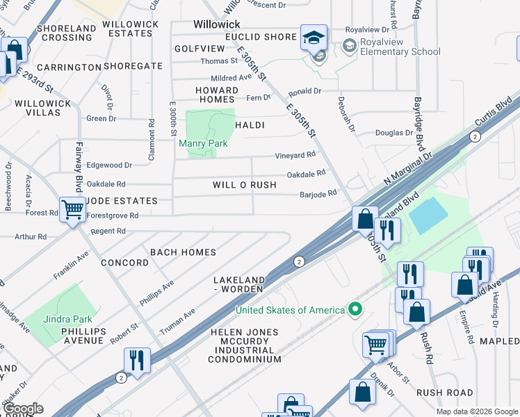 map of restaurants, bars, coffee shops, grocery stores, and more near 30200 Barjode Road in Willowick