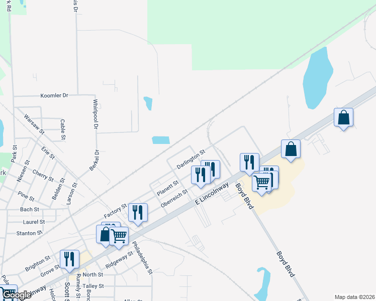 map of restaurants, bars, coffee shops, grocery stores, and more near 215 Worden Street in La Porte