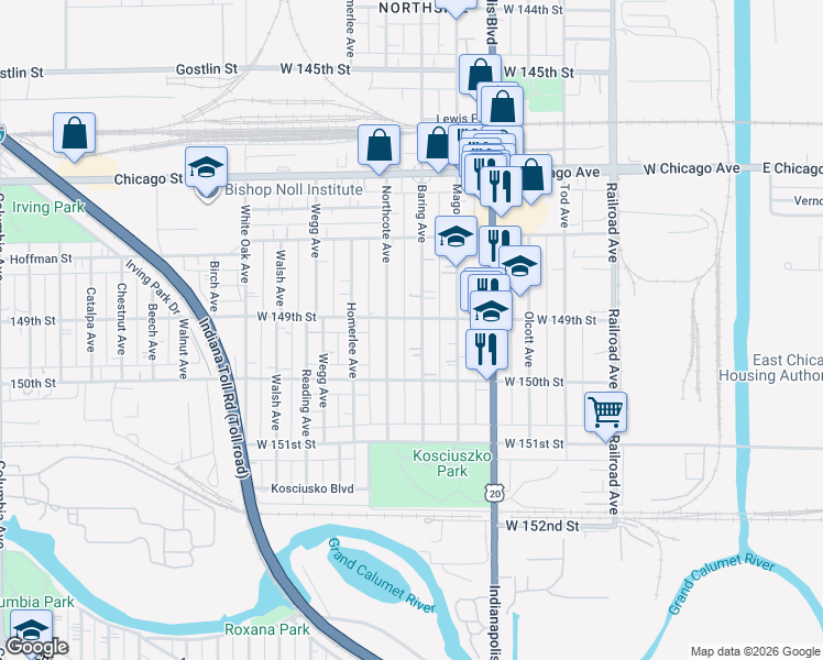 map of restaurants, bars, coffee shops, grocery stores, and more near 4861 Northcote Avenue in East Chicago