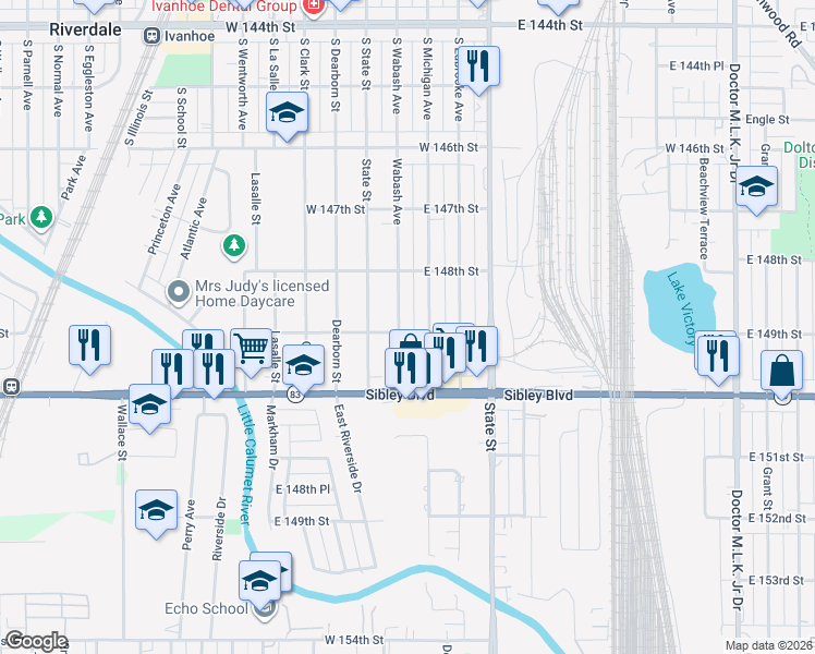 map of restaurants, bars, coffee shops, grocery stores, and more near 14834 Wabash Avenue in Dolton