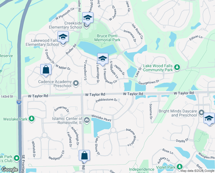 map of restaurants, bars, coffee shops, grocery stores, and more near 14219 Hanford Court in Plainfield